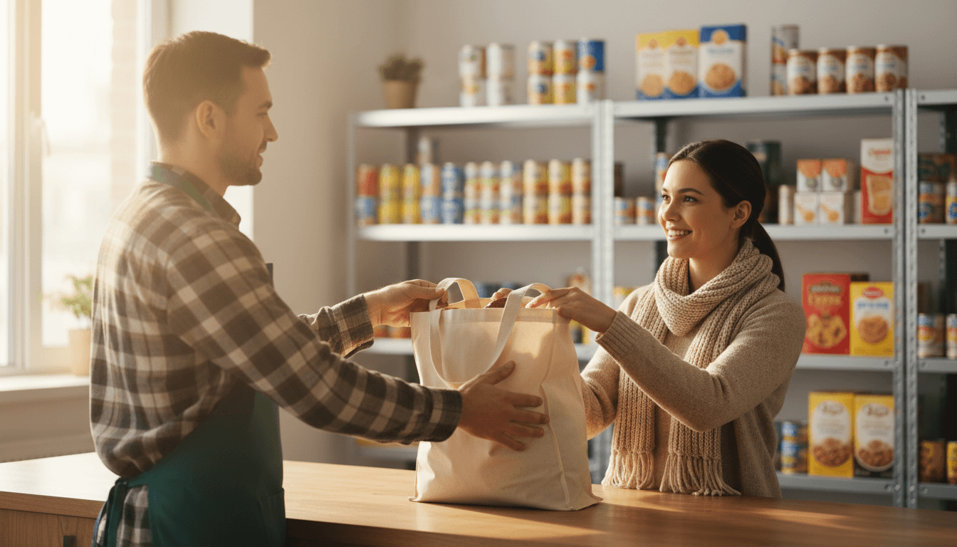 Volunteer handing a grocery bag to a smiling woman at a food bank counter