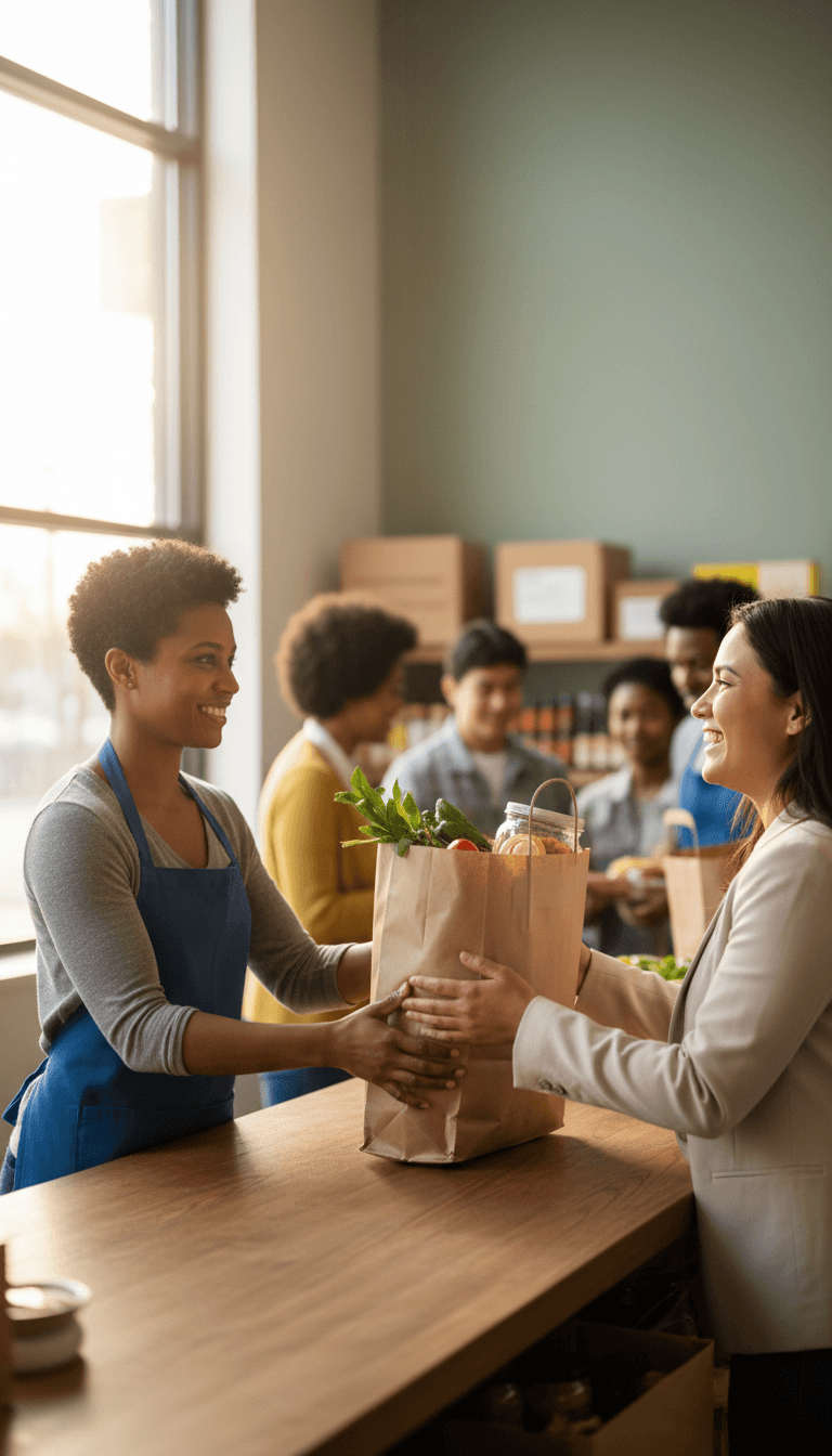 Volunteer handing a filled grocery bag to a woman at a community food bank