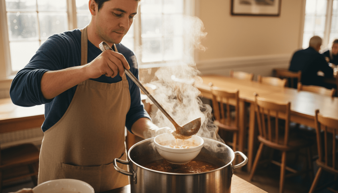 Volunteer serving hot soup from a large pot in the community kitchen