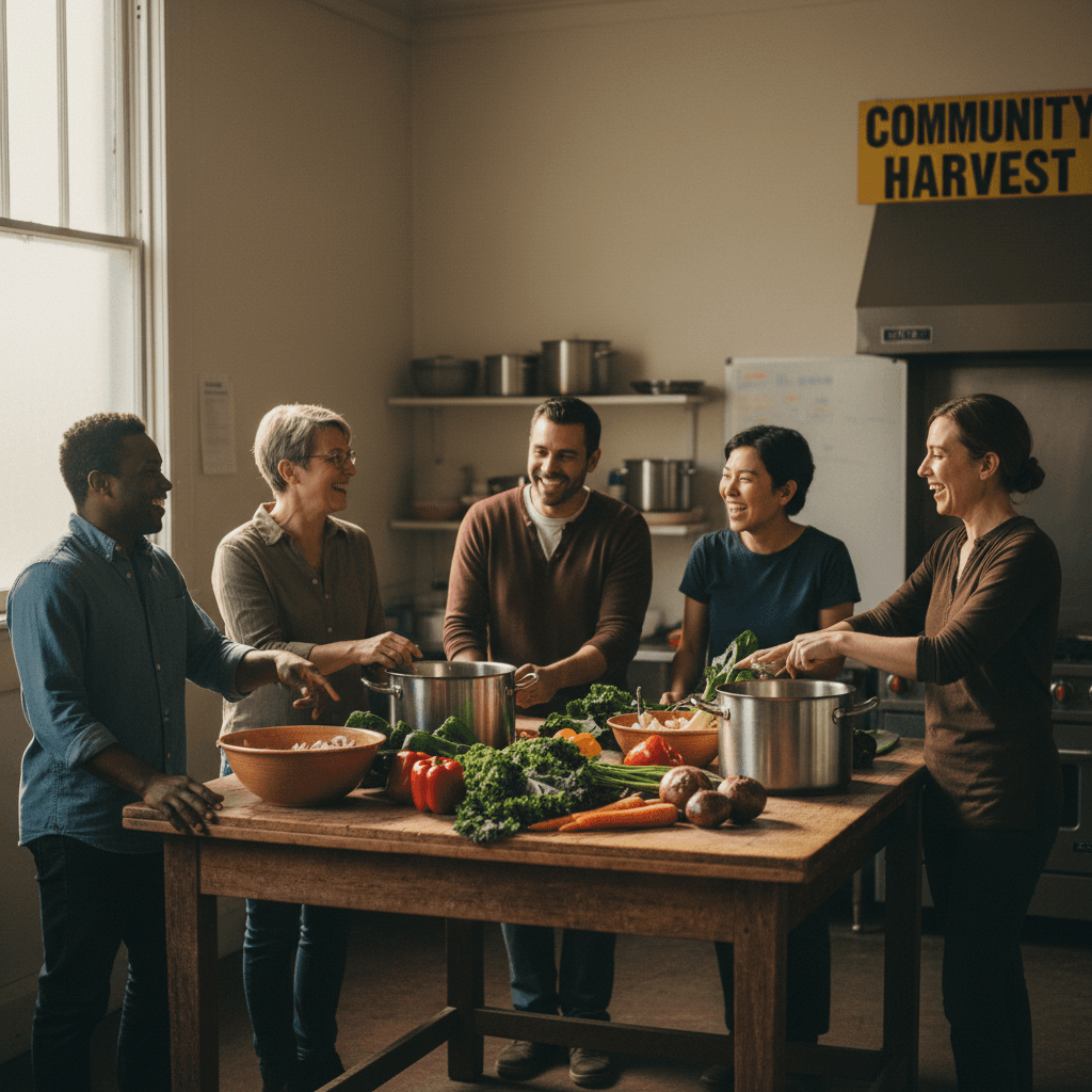 Diverse adults chatting around a table with vegetables in a community kitchen