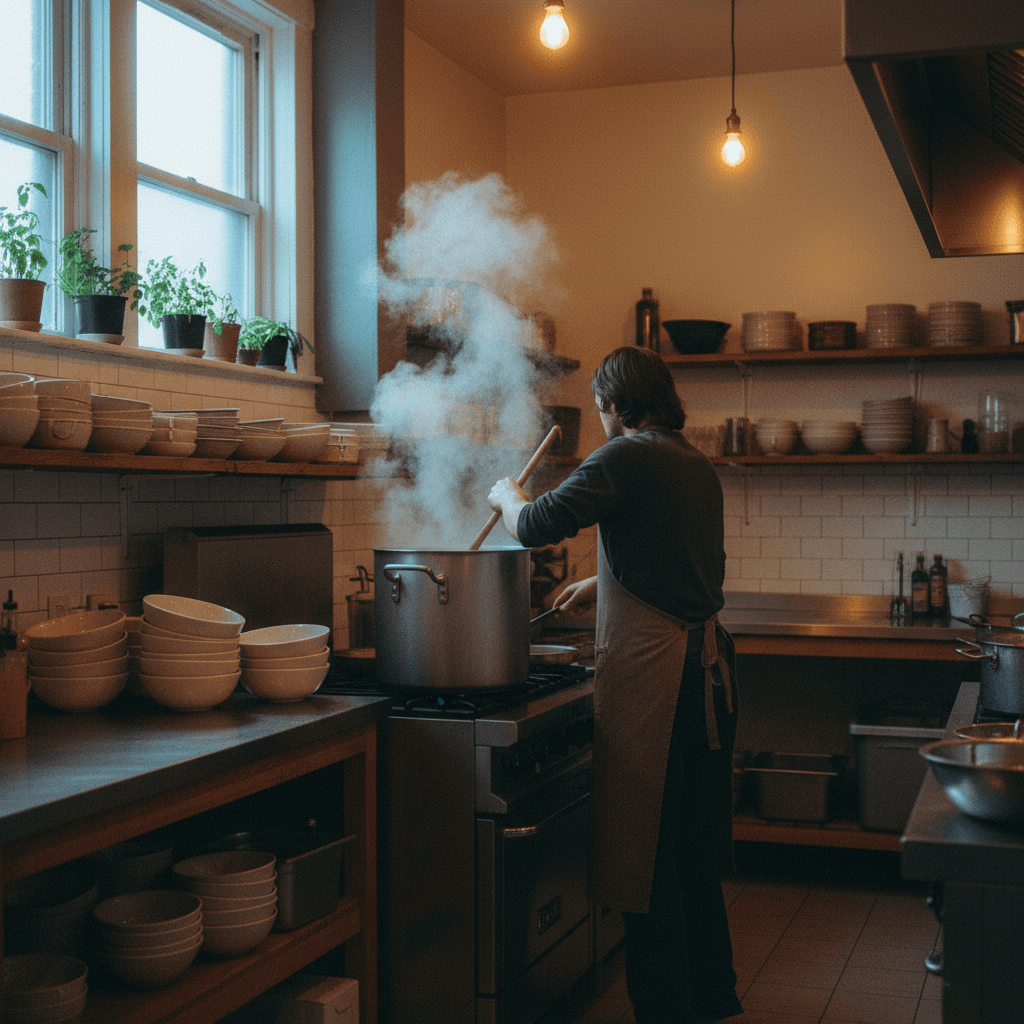 Someone cooking in a community kitchen with steam rising from a pot.