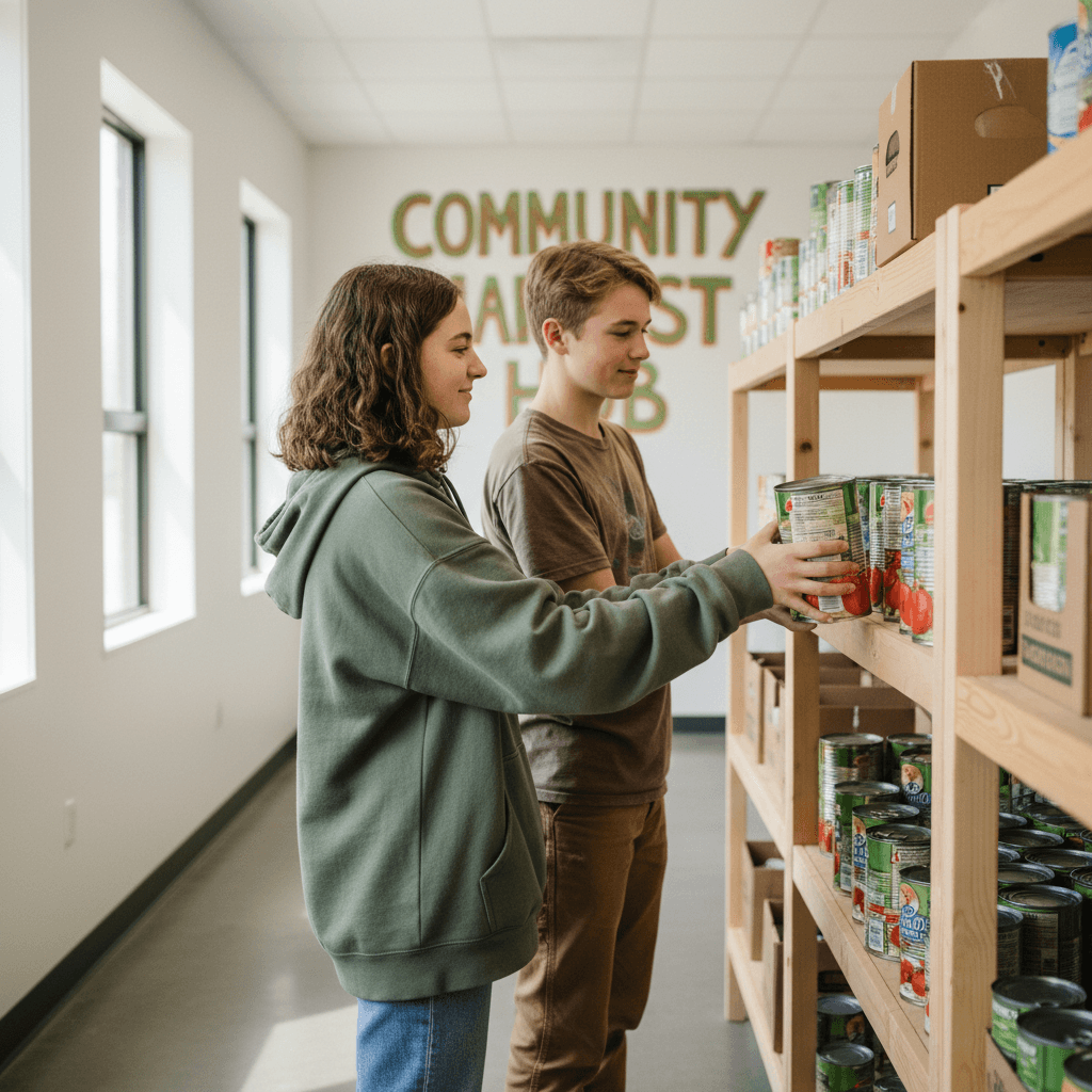 Teenagers sorting food donations together on a shelf