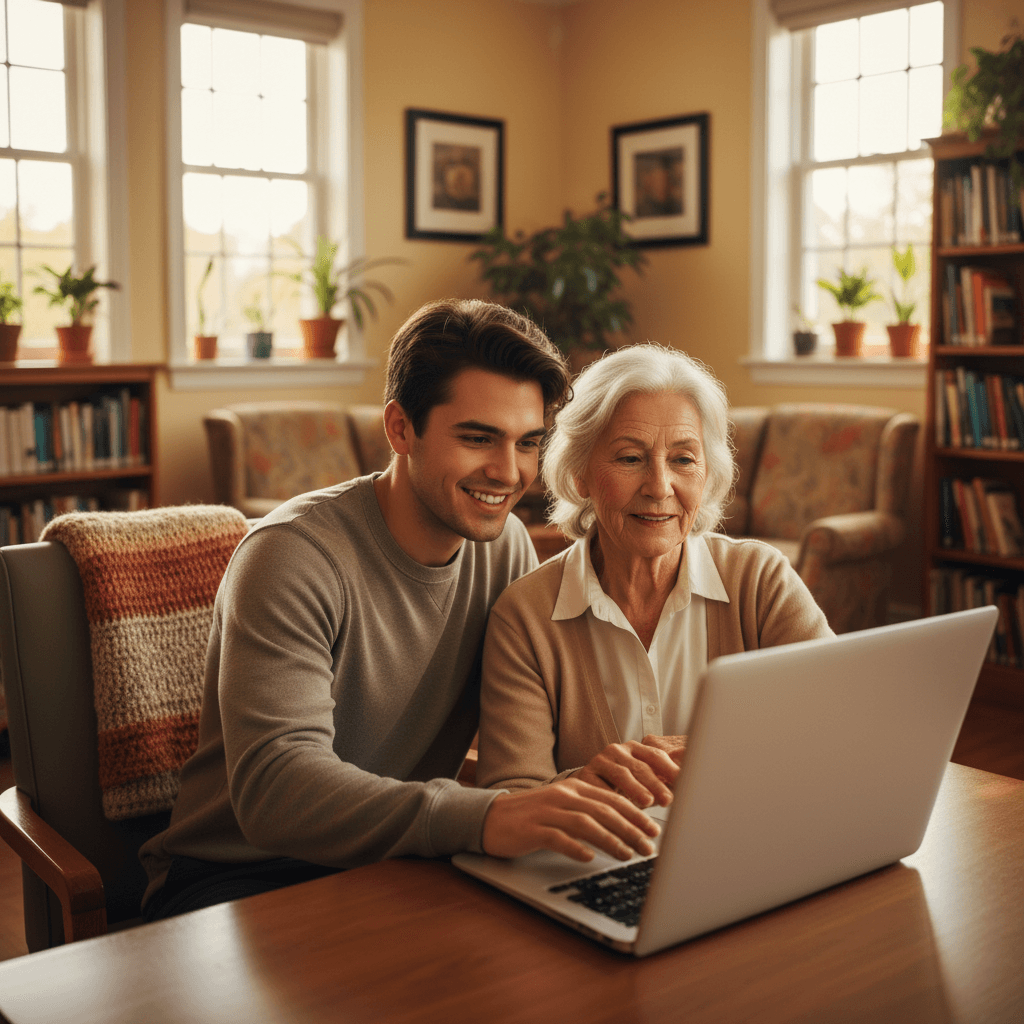 A person helping an older adult use a laptop in a bright community room