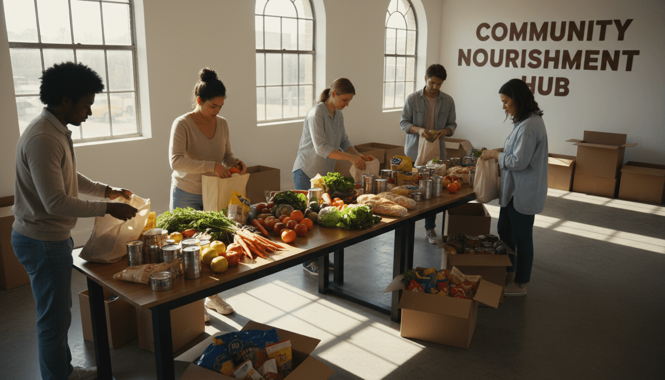 Volunteers arranging fresh produce and food parcels on a table in a bright community food bank