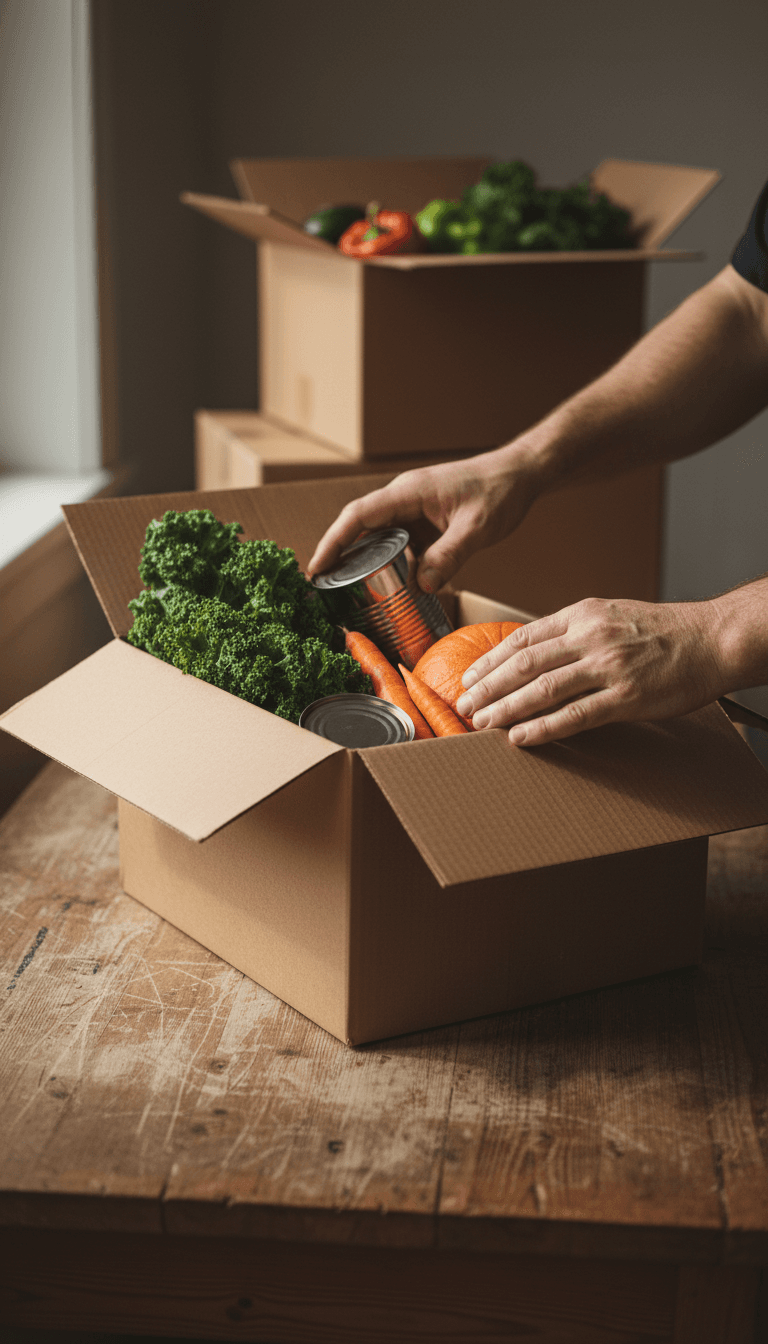 Volunteer hands filling a cardboard box with canned goods and fresh vegetables