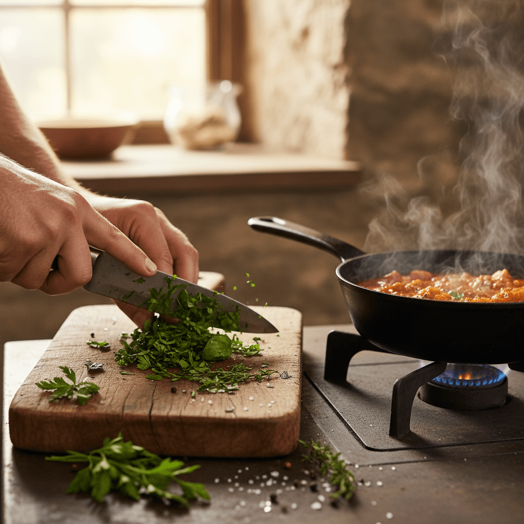 Close-up of hands chopping fresh herbs next to a cooking pot