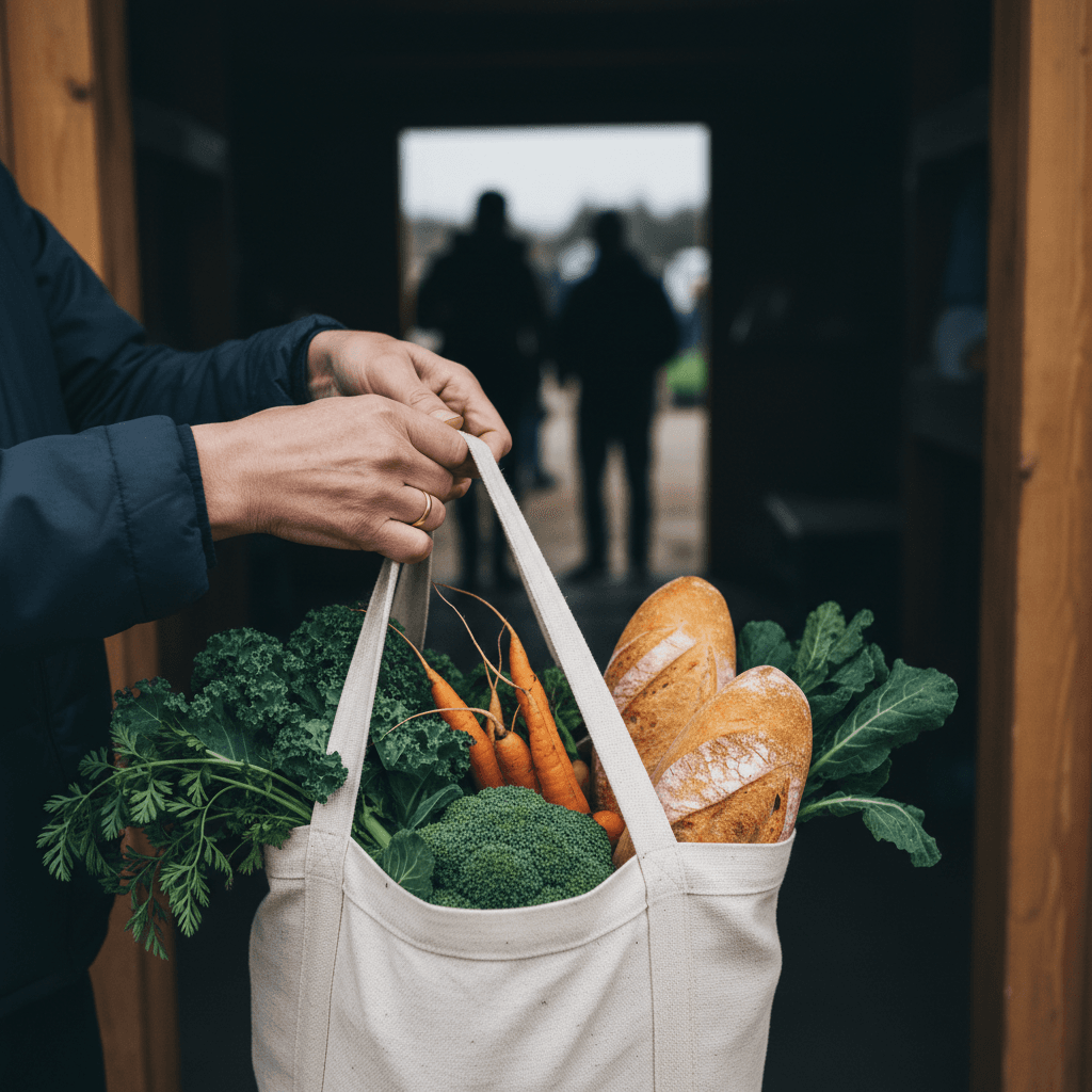 Hands holding a bag of fresh produce at a community food pantry.