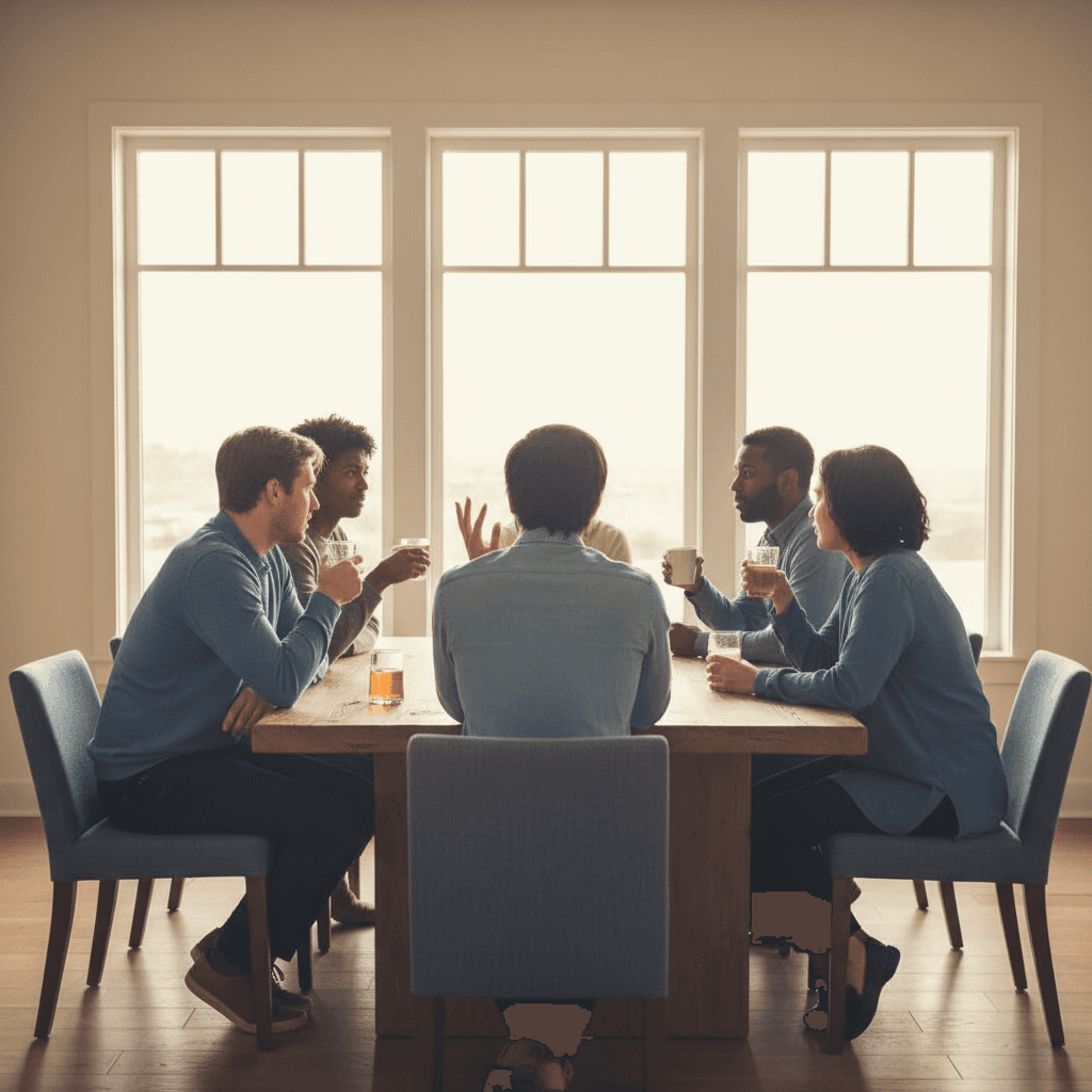 People chatting around a table in a welcoming community space.
