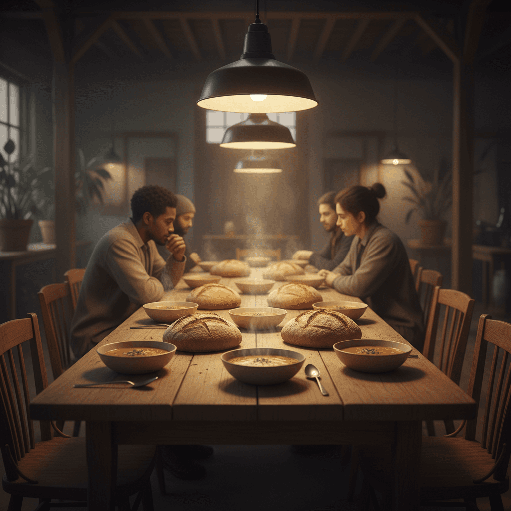 People seated at a long table sharing a hot meal in a community room