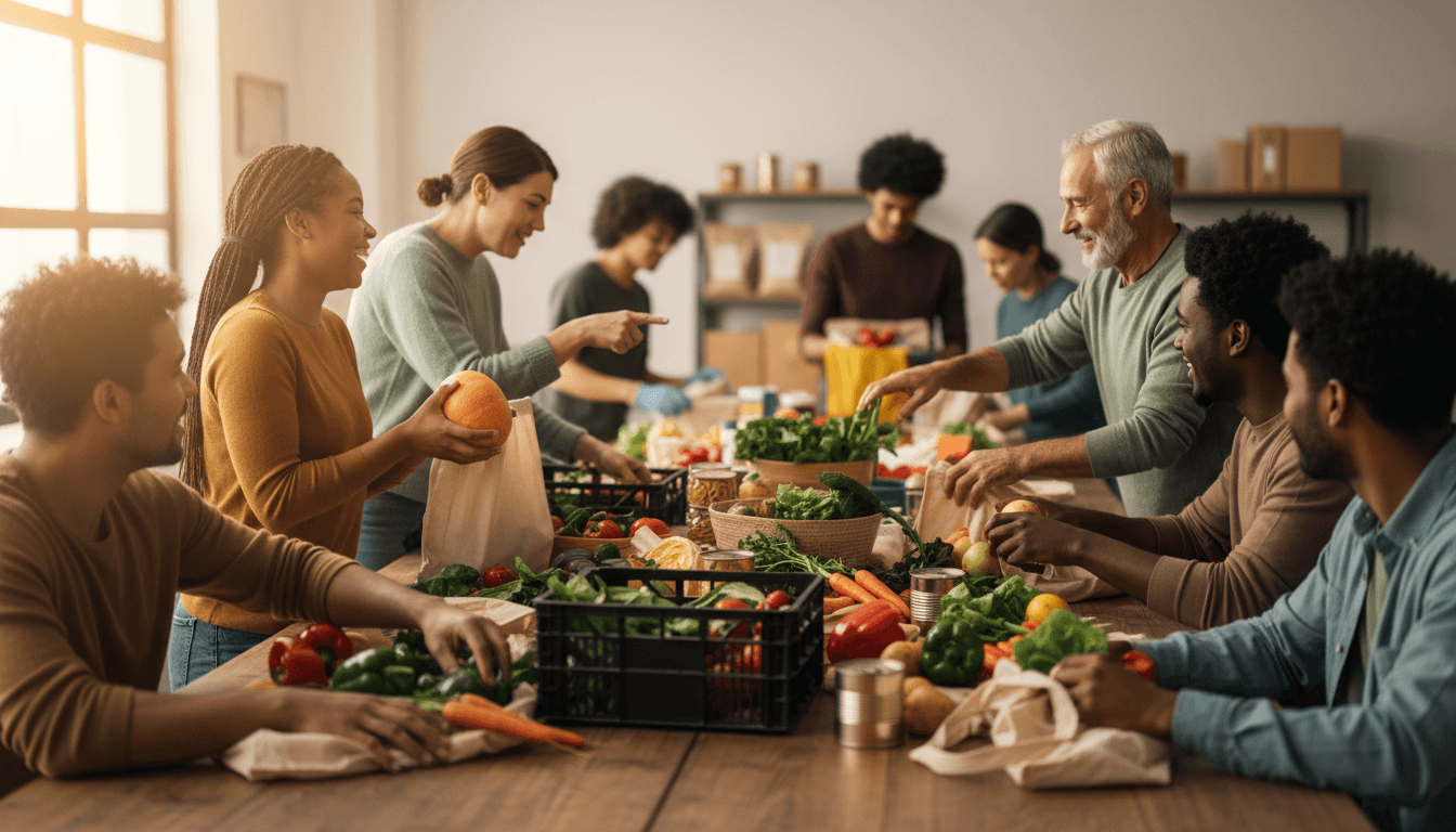 Volunteers sorting fresh produce together at a community food hub table