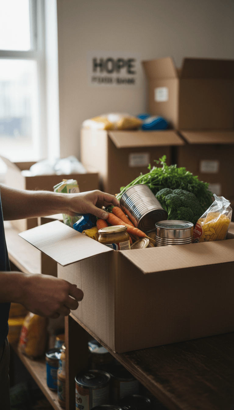 Volunteer packing fresh vegetables and tins into a food box