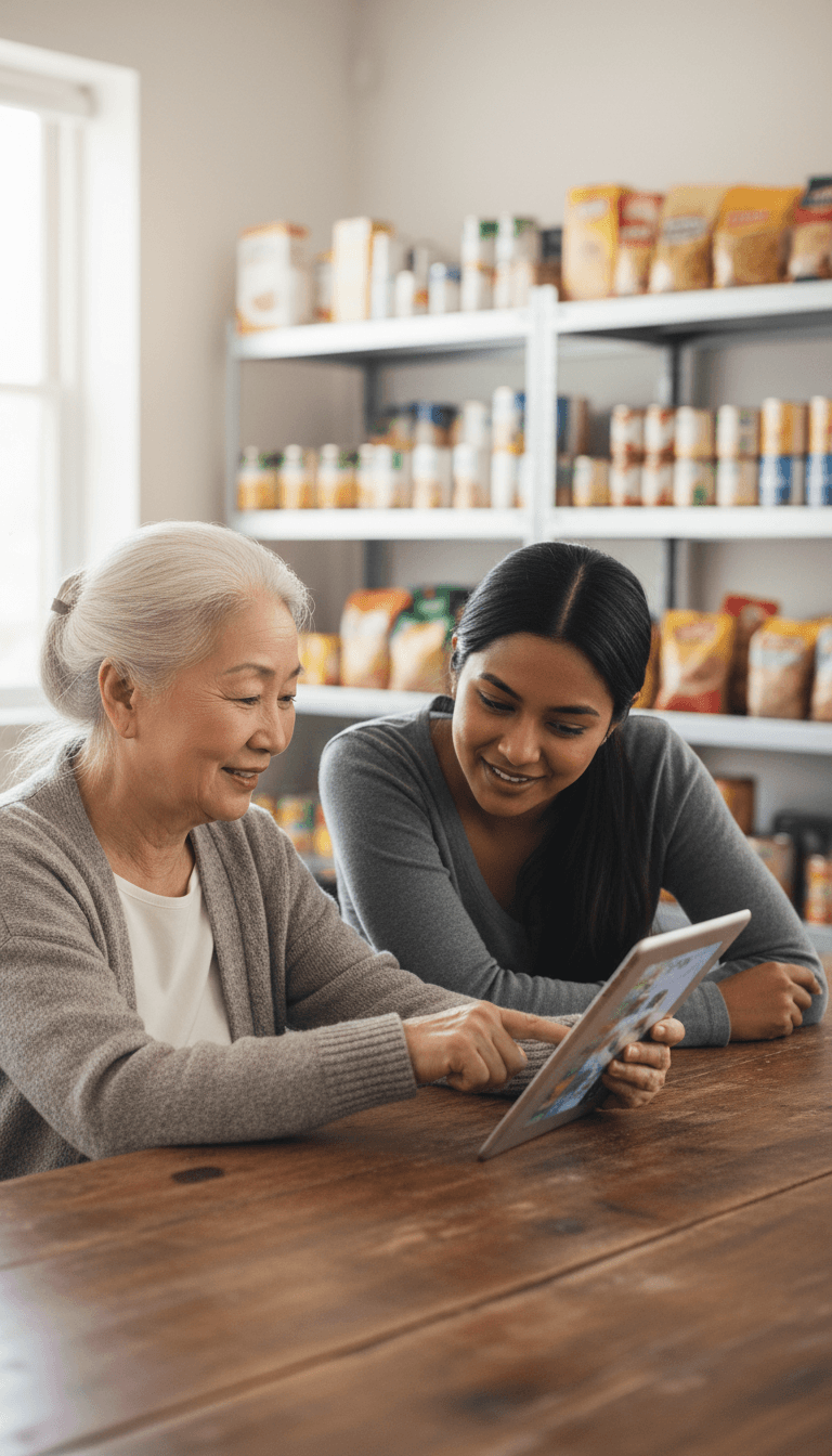Older woman learning to use a tablet with a volunteer beside her at a community center