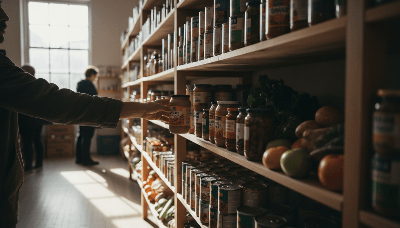 Shelves stocked with tinned food and fresh produce in a community pantry