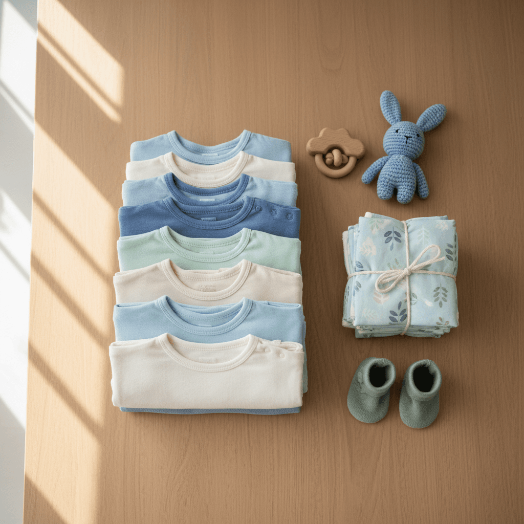 Neatly folded baby clothes and nappies on a wooden table
