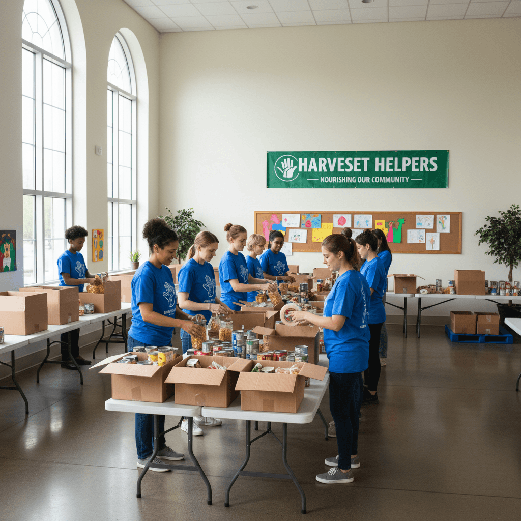 Group of volunteers packing food boxes
