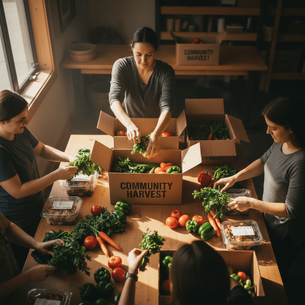 Volunteers sorting food donations at a community space
