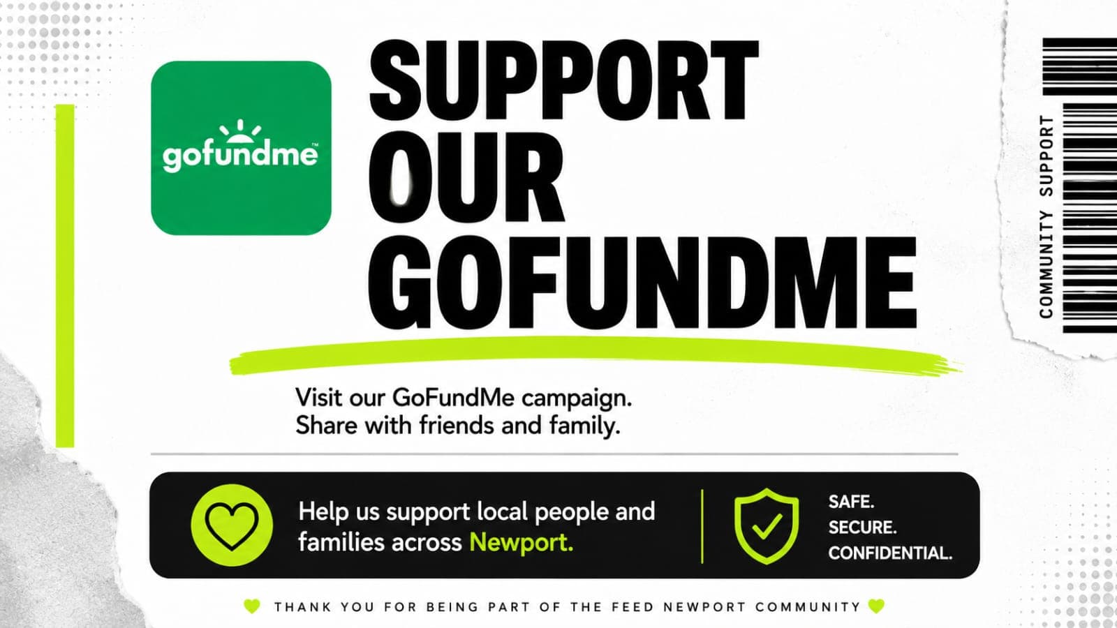 Promotional flyer for Feed Newport's GoFundMe campaign supporting local families across the Newport community.