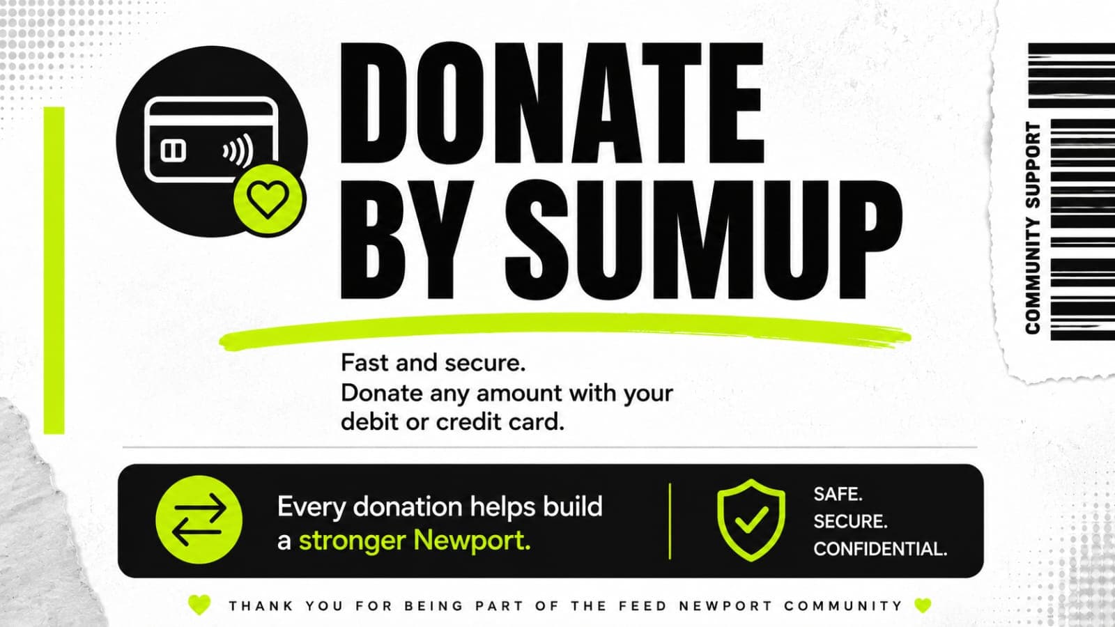 Donation flyer for Feed Newport inviting secure SumUp contributions via debit or credit card.