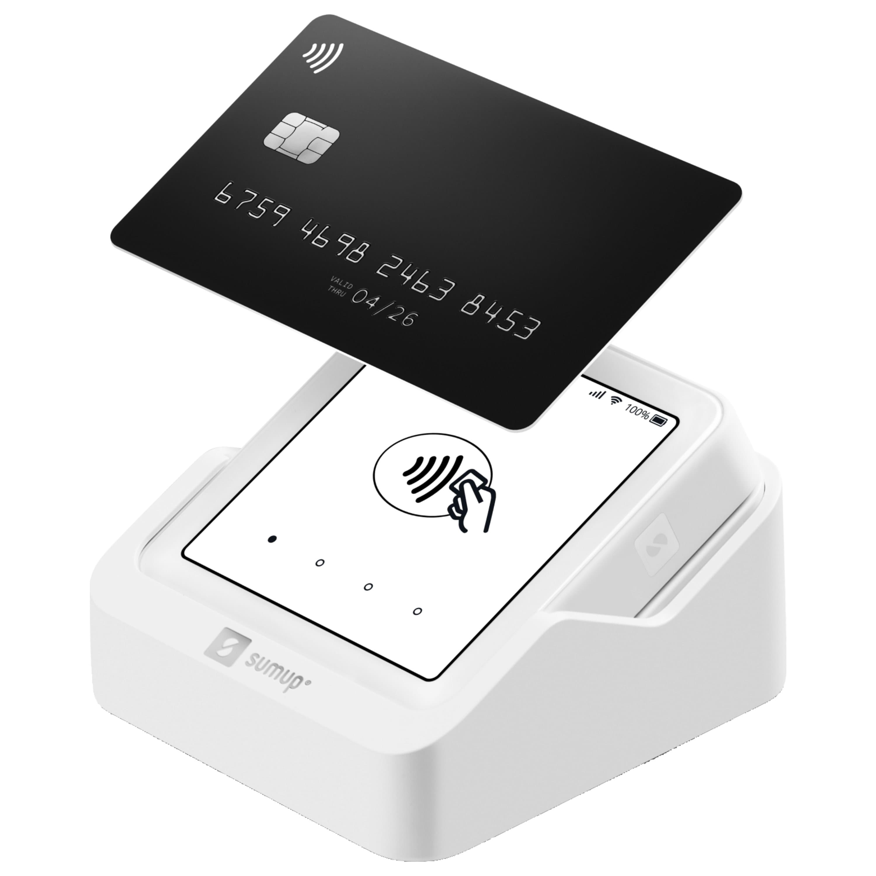 Contactless black credit card hovering over a white SumUp card reader and charging base.