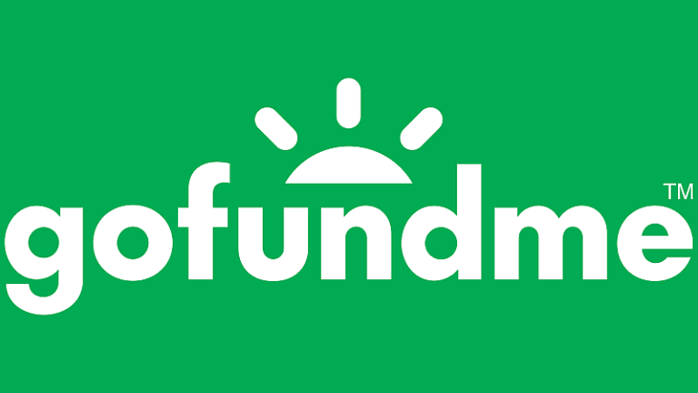 White GoFundMe logo with a stylized rising sun icon on a solid green background.