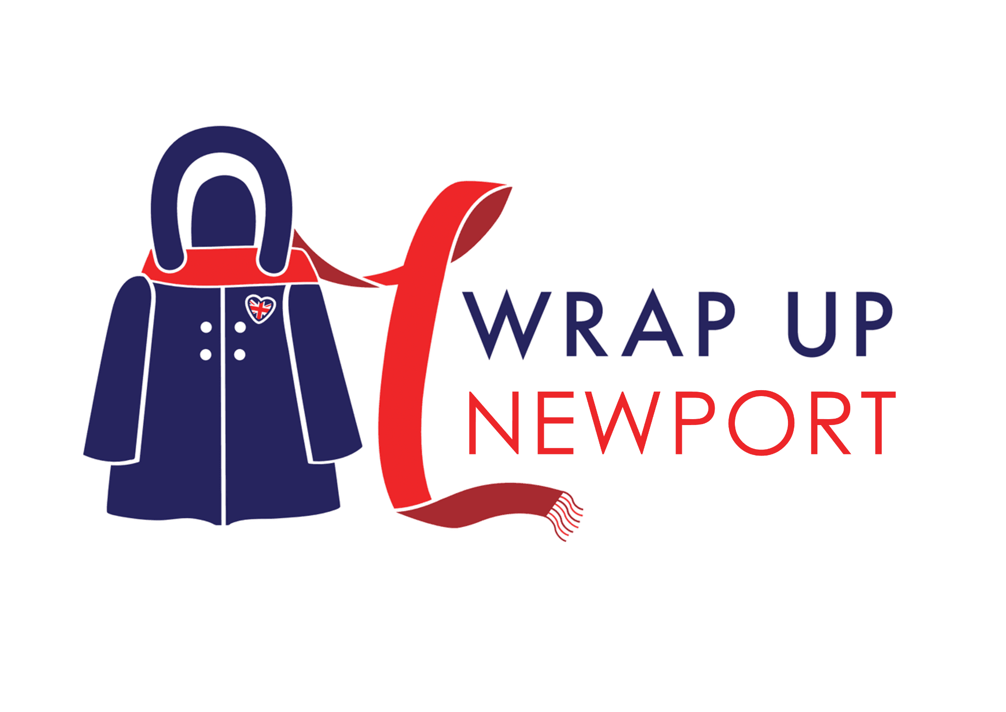 Wrap Up Newport logo with a navy coat, red scarf, and Union Jack heart.