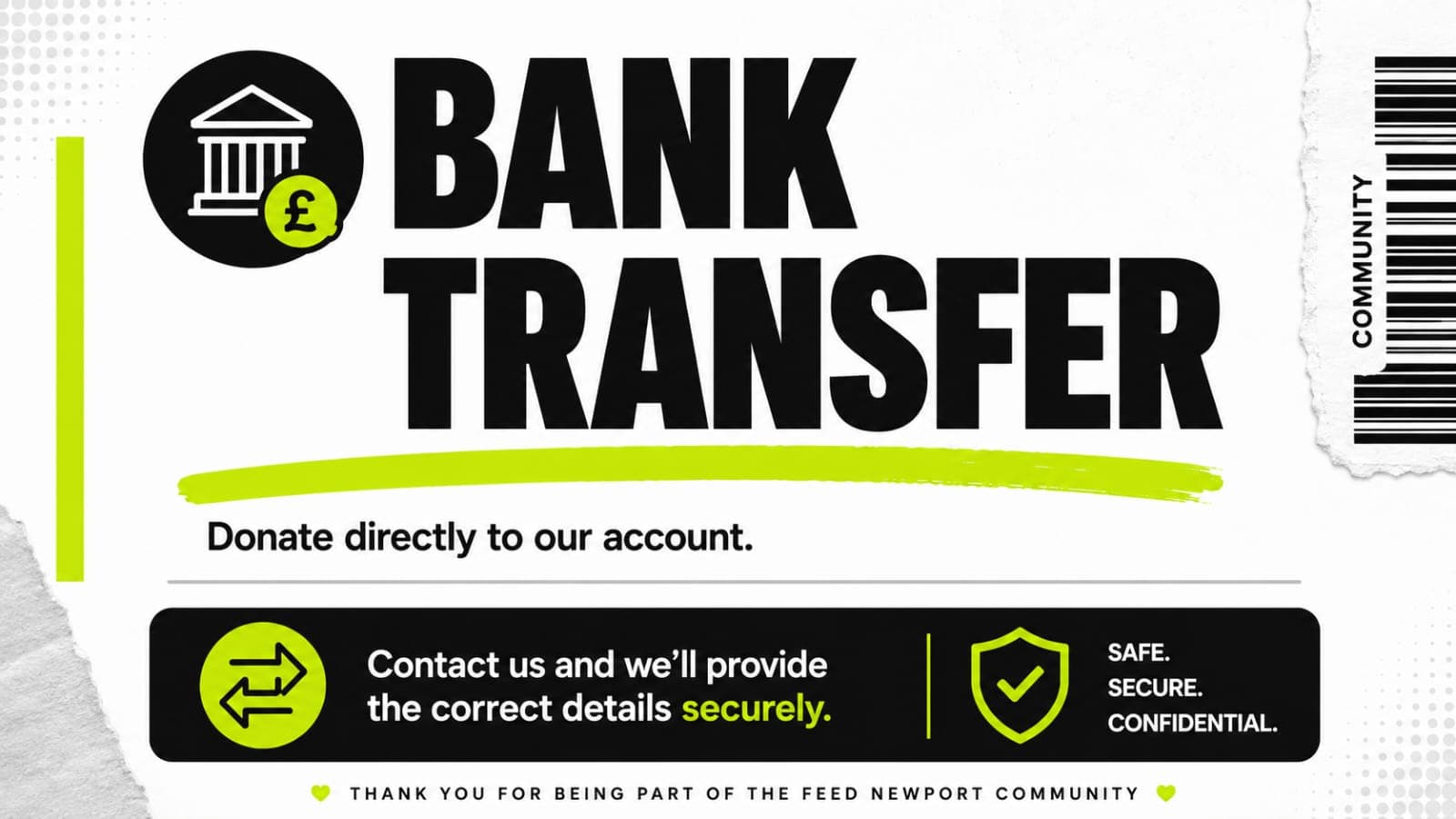 Graphic for Feed Newport community donations via bank transfer, emphasizing safe, secure, and confidential payments.