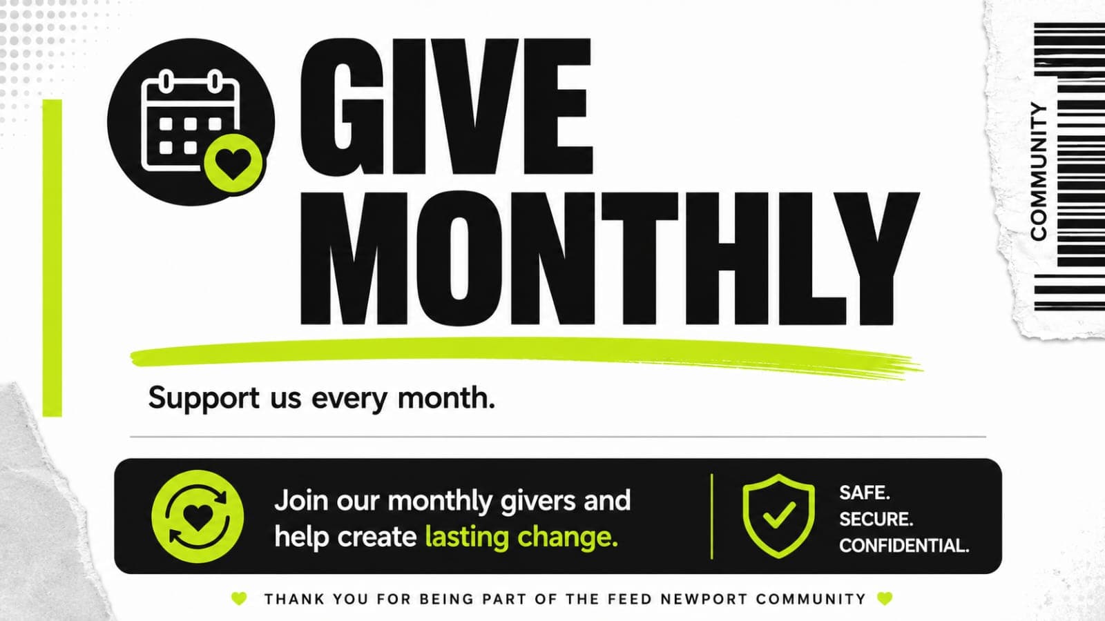 Feed Newport graphic with "GIVE MONTHLY" text, inviting supporters to join monthly givers for lasting change.
